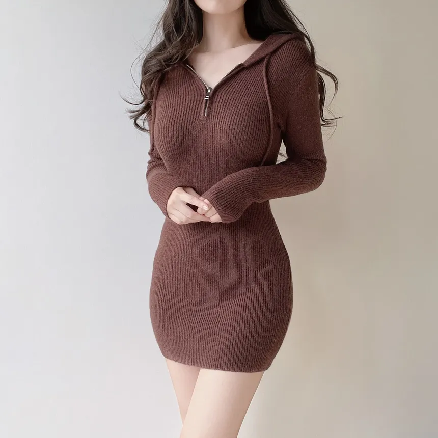 リブフードミニジップアップスリムワンピース | mirangmirang | 詳細画像14