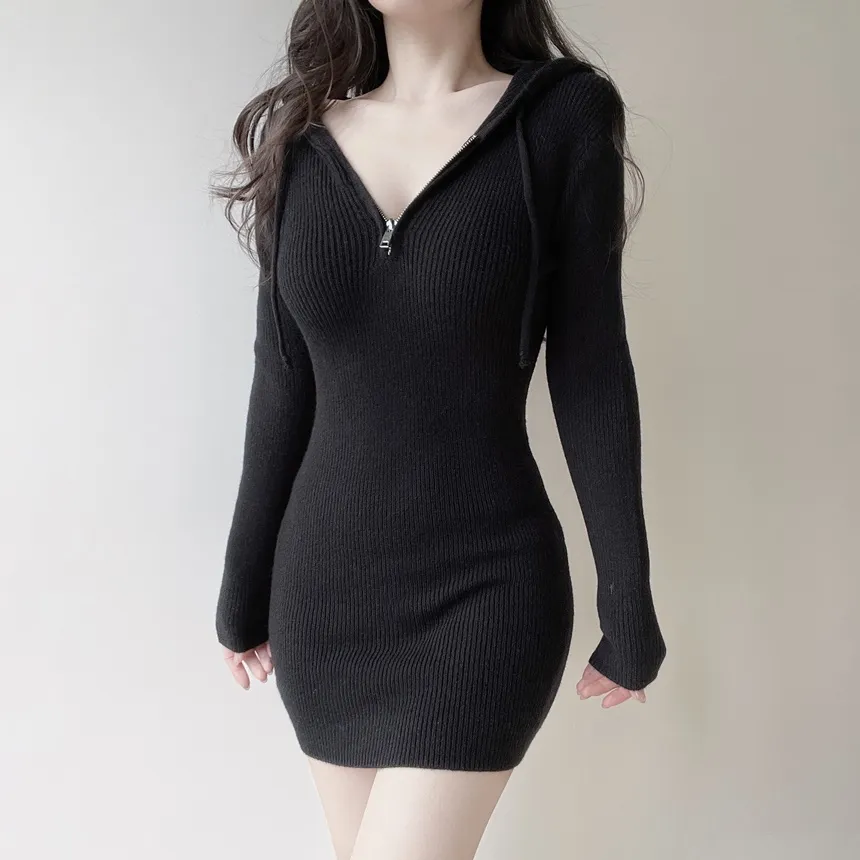 リブフードミニジップアップスリムワンピース | mirangmirang | 詳細画像21