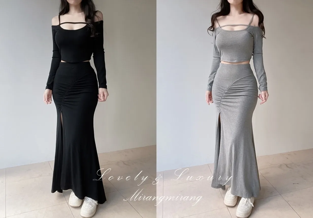 オフショルダーシャーリングクロップドスリットロングツーピース | mirangmirang | 詳細画像1