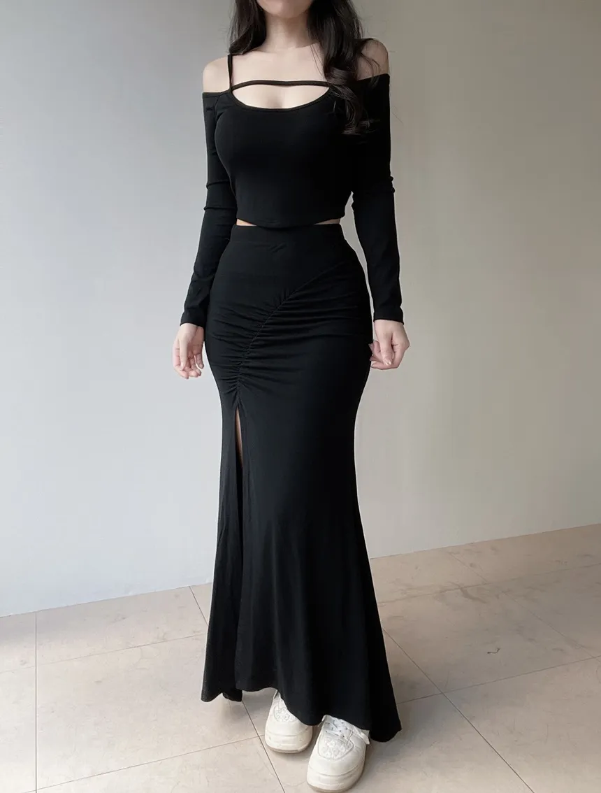 オフショルダーシャーリングクロップドスリットロングツーピース | mirangmirang | 詳細画像2