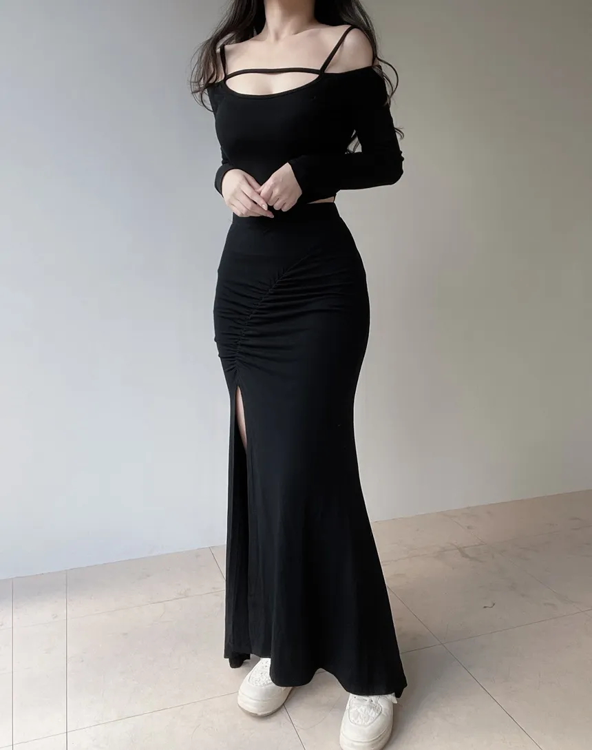 オフショルダーシャーリングクロップドスリットロングツーピース | mirangmirang | 詳細画像6