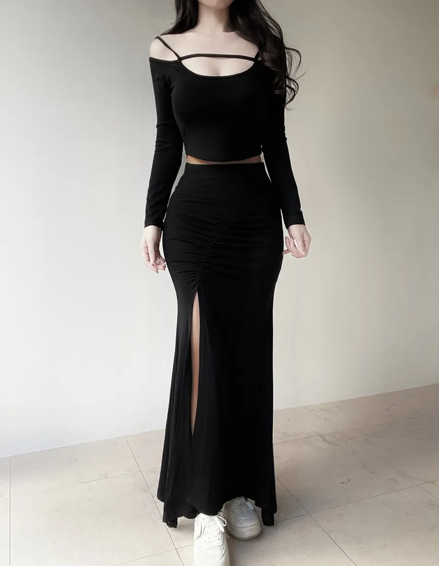 オフショルダーシャーリングクロップドスリットロングツーピース | mirangmirang | 詳細画像8