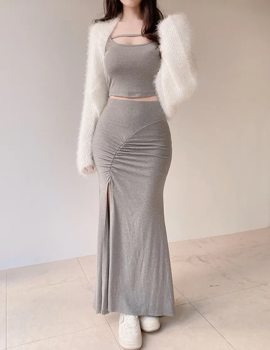 オフショルダーシャーリングクロップドスリットロングツーピース | mirangmirang | 詳細画像9