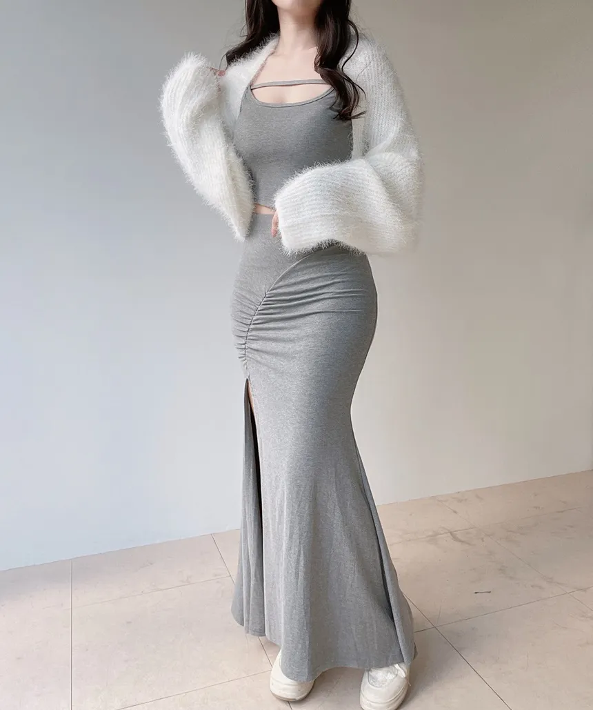 オフショルダーシャーリングクロップドスリットロングツーピース | mirangmirang | 詳細画像10