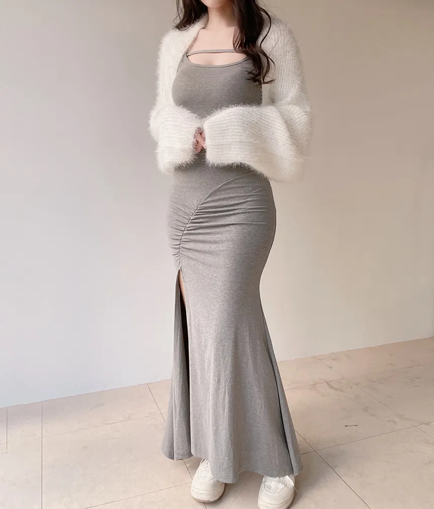 オフショルダーシャーリングクロップドスリットロングツーピース | mirangmirang | 詳細画像11