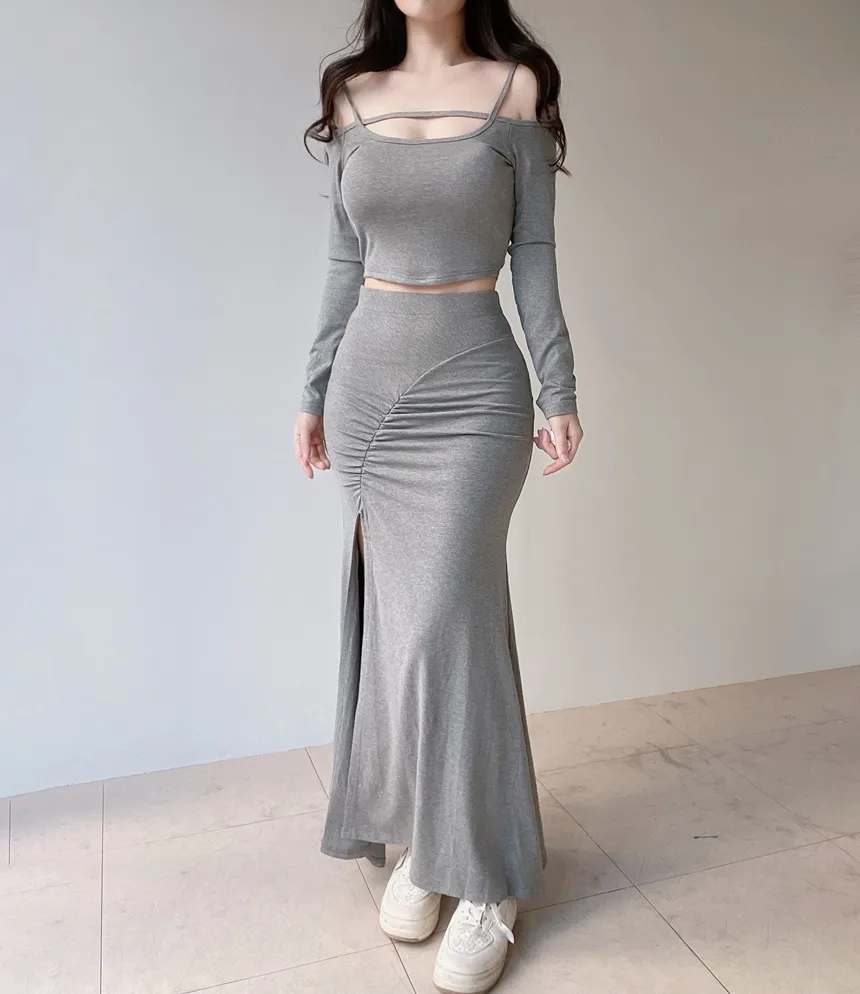 オフショルダーシャーリングクロップドスリットロングツーピース | mirangmirang | 詳細画像12