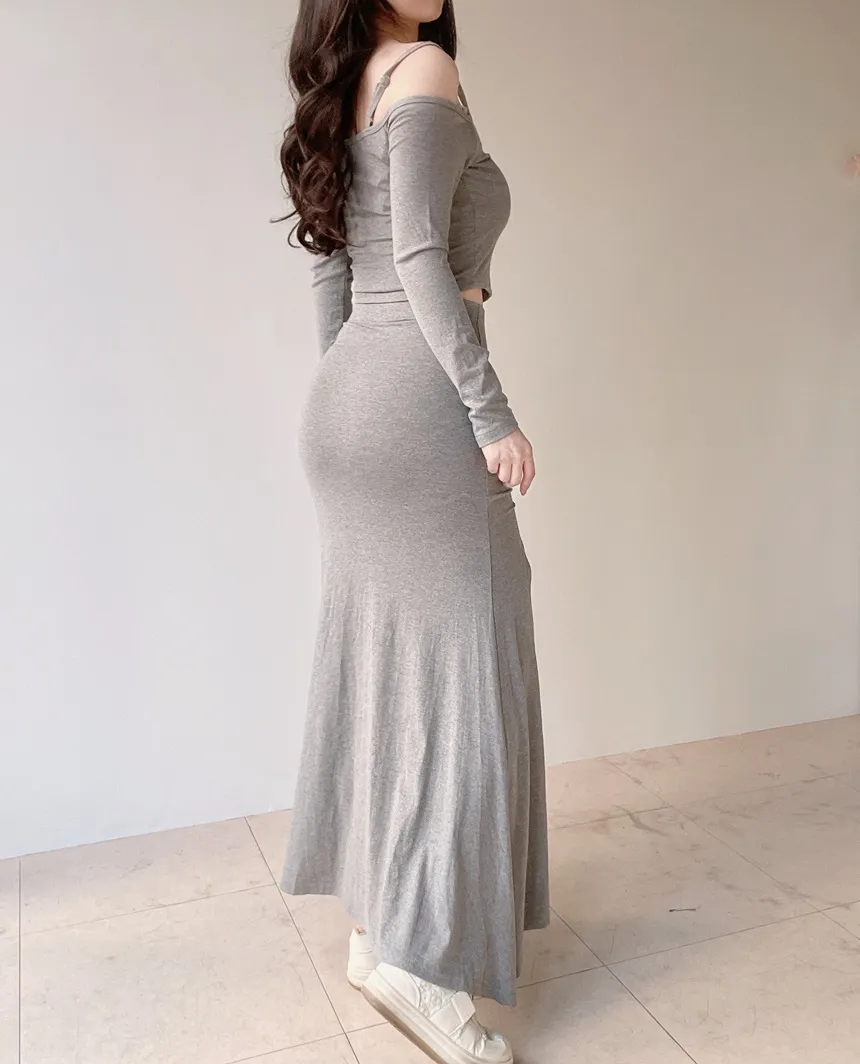 オフショルダーシャーリングクロップドスリットロングツーピース | mirangmirang | 詳細画像13