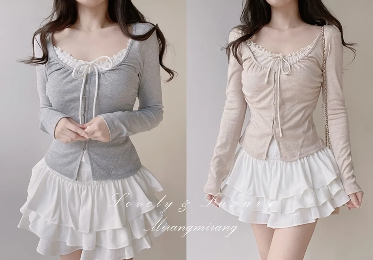 Uネックレイヤード風シャーリングボタンリボンTシャツ | mirangmirang | 詳細画像1