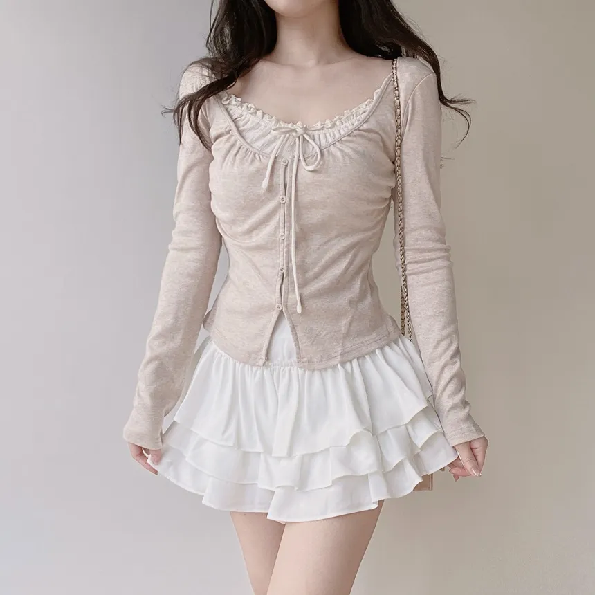 Uネックレイヤード風シャーリングボタンリボンTシャツ | mirangmirang | 詳細画像9