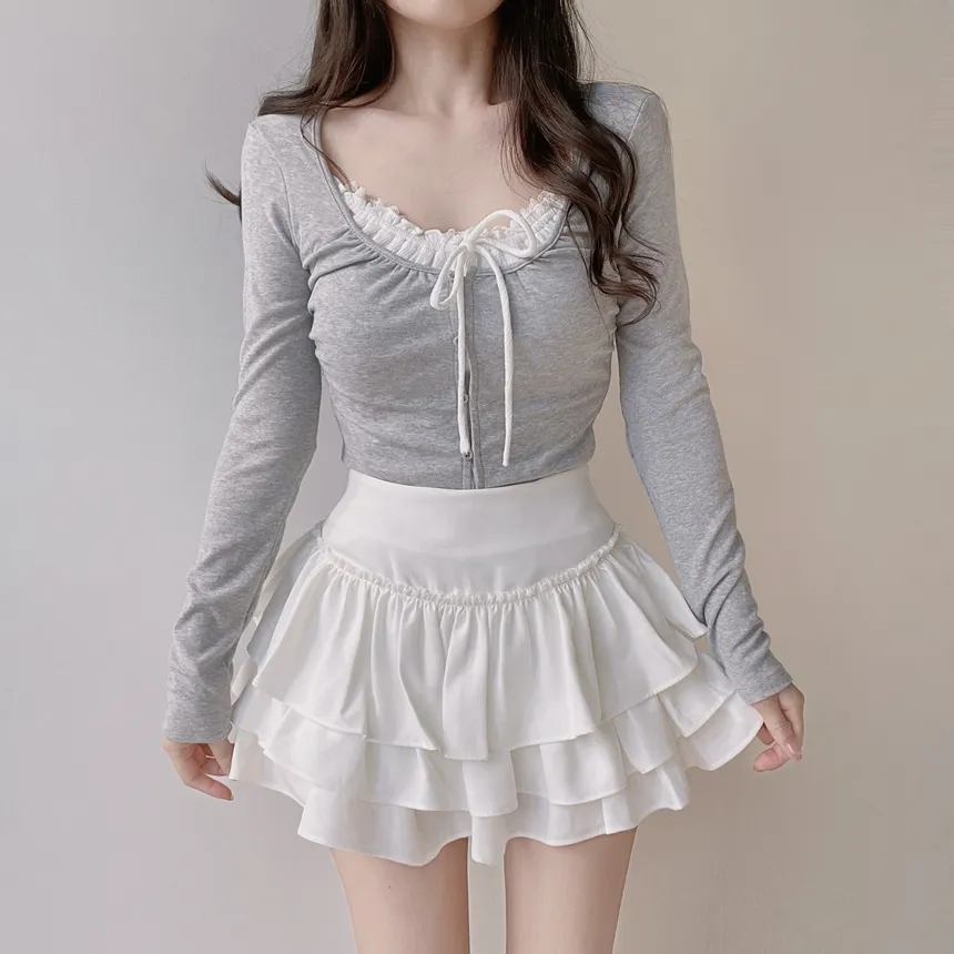 Uネックレイヤード風シャーリングボタンリボンTシャツ | mirangmirang | 詳細画像10