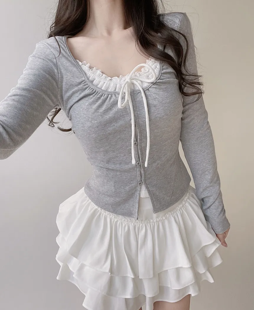 Uネックレイヤード風シャーリングボタンリボンTシャツ | mirangmirang | 詳細画像13