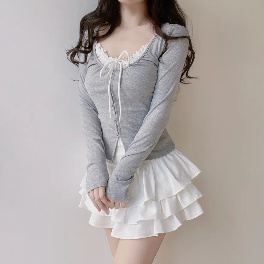 Uネックレイヤード風シャーリングボタンリボンTシャツ | mirangmirang | 詳細画像15