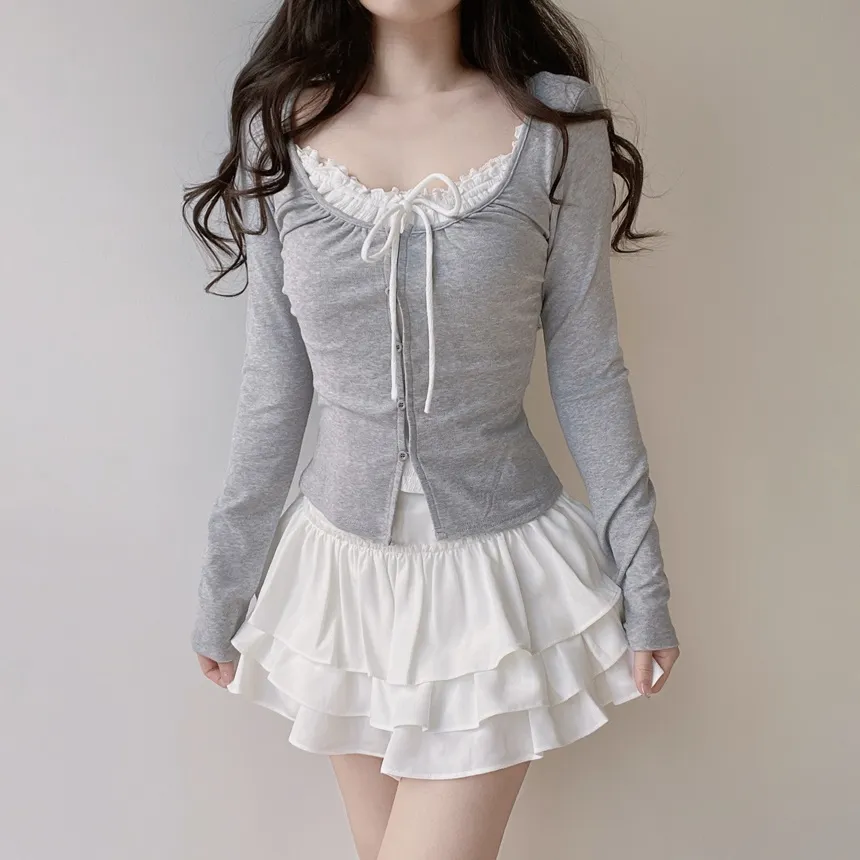 Uネックレイヤード風シャーリングボタンリボンTシャツ | mirangmirang | 詳細画像16