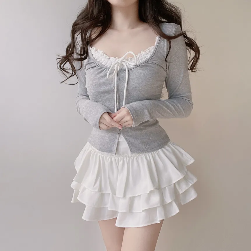 Uネックレイヤード風シャーリングボタンリボンTシャツ | mirangmirang | 詳細画像17