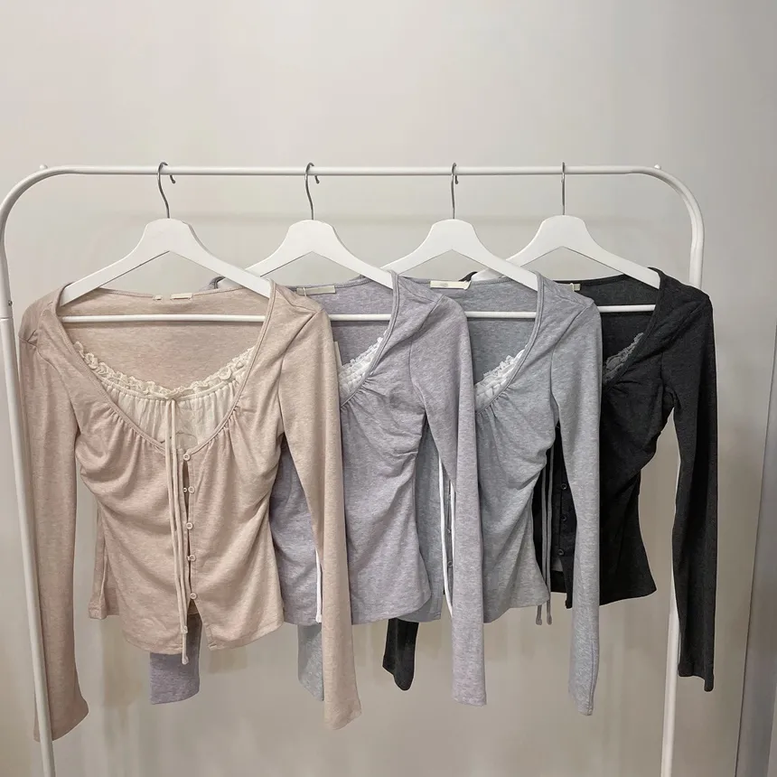 Uネックレイヤード風シャーリングボタンリボンTシャツ | mirangmirang | 詳細画像19