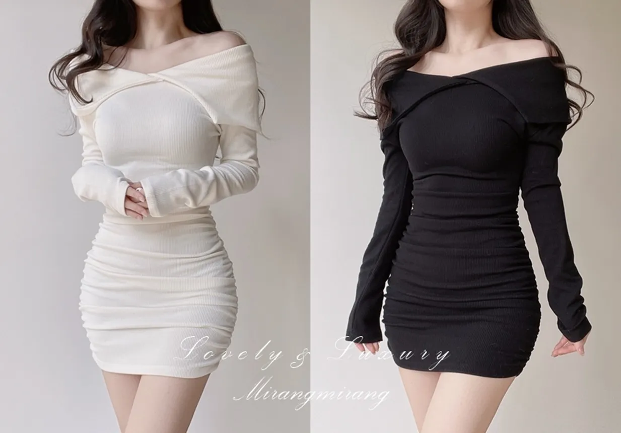 リブオフショルダーシャーリングミニワンピース | mirangmirang | 詳細画像1