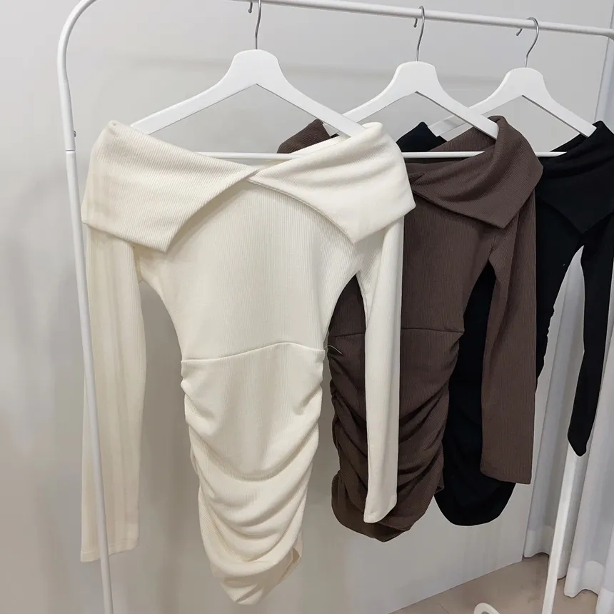 リブオフショルダーシャーリングミニワンピース | mirangmirang | 詳細画像36