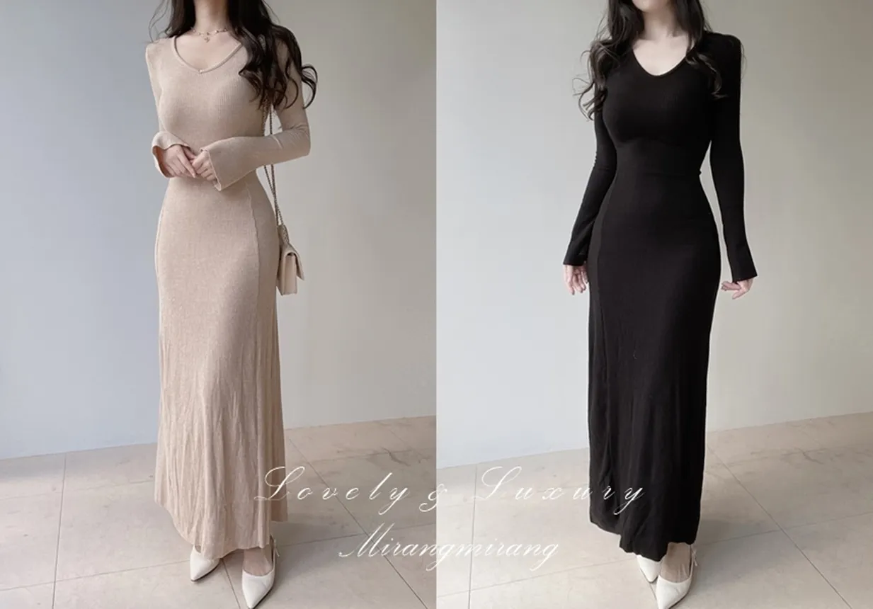 リブVネックスリムロングワンピース | mirangmirang | 詳細画像1