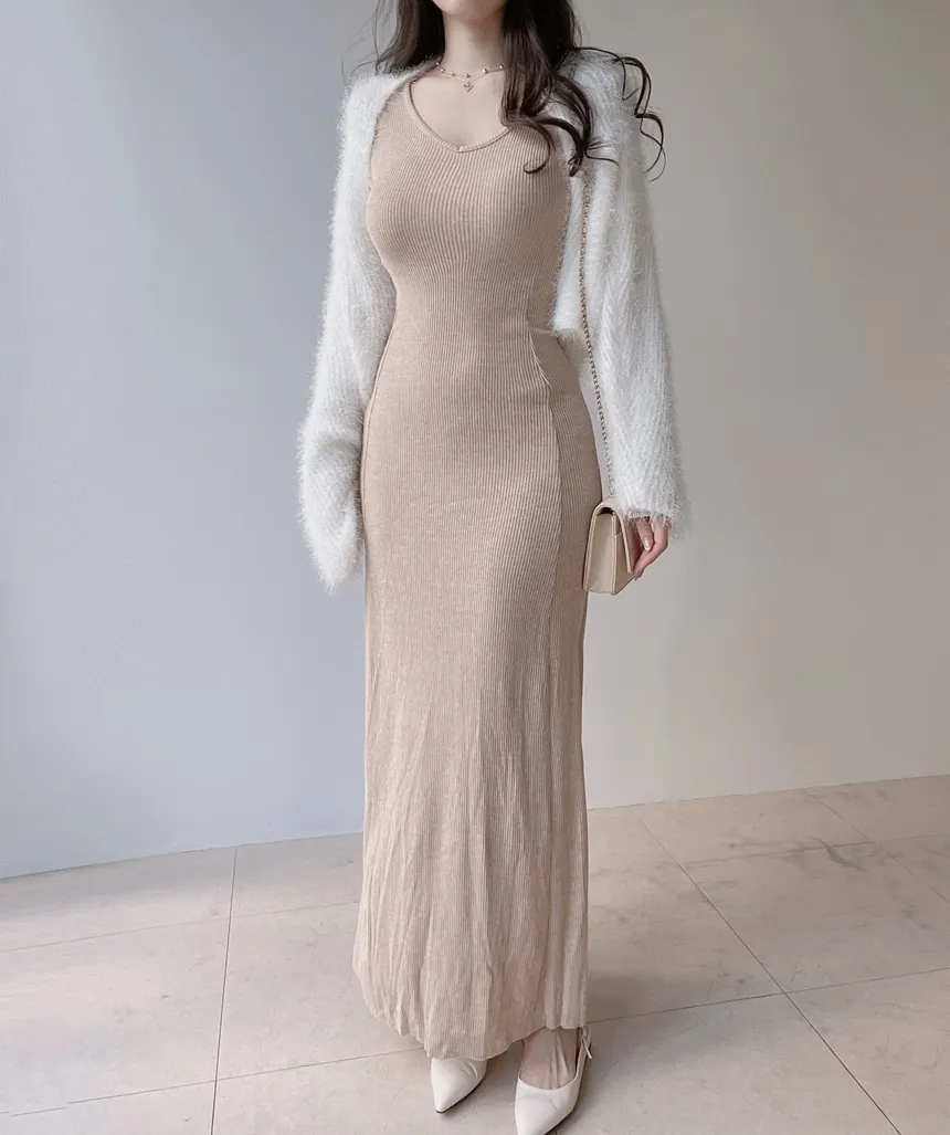 リブVネックスリムロングワンピース | mirangmirang | 詳細画像4