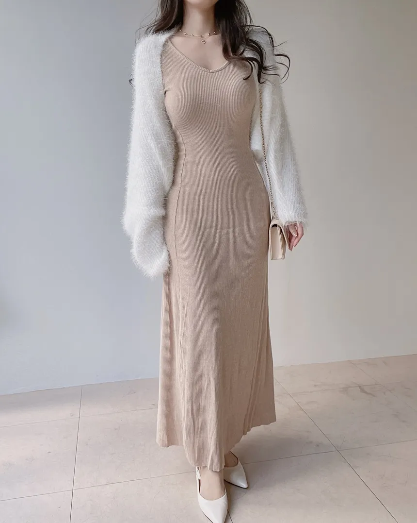 リブVネックスリムロングワンピース | mirangmirang | 詳細画像5