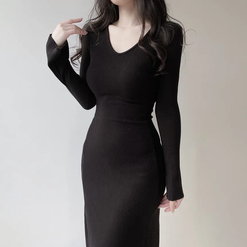 リブVネックスリムロングワンピース | mirangmirang | 詳細画像17