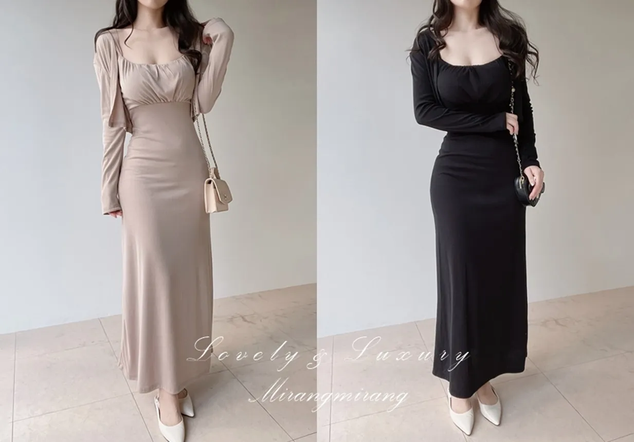 シャーリングフレアUネックシンプルアンサンブルキャミワンピース | mirangmirang | 詳細画像1