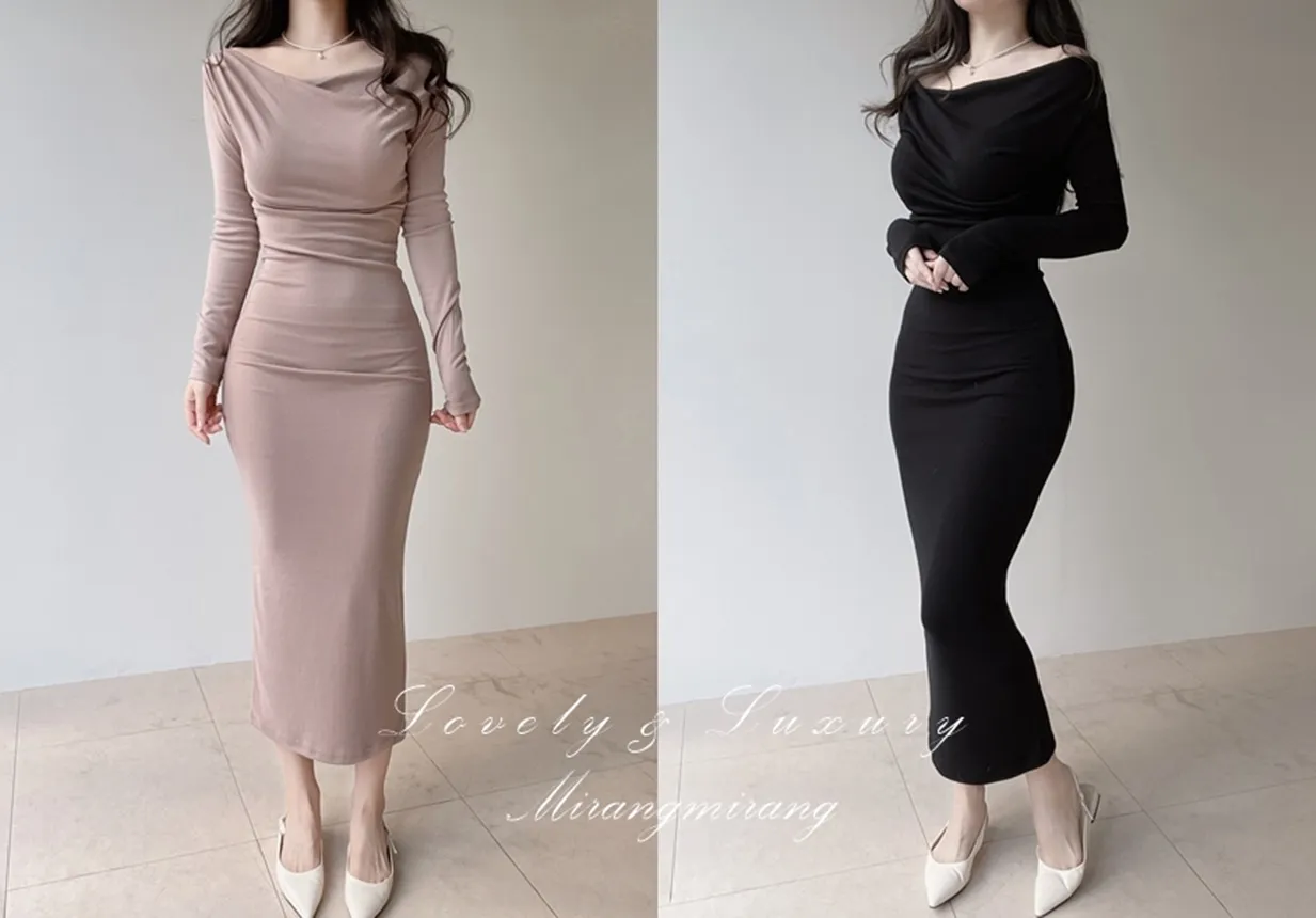 ドレープスリムロングオフショルダー無地ワンピース | mirangmirang | 詳細画像1