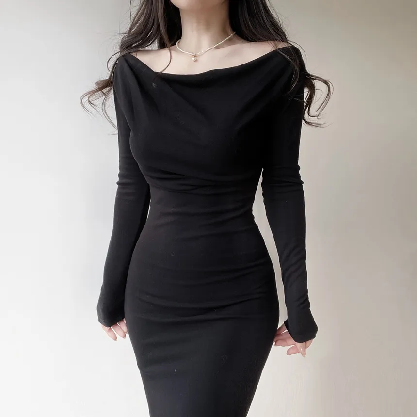 ドレープスリムロングオフショルダー無地ワンピース | mirangmirang | 詳細画像14