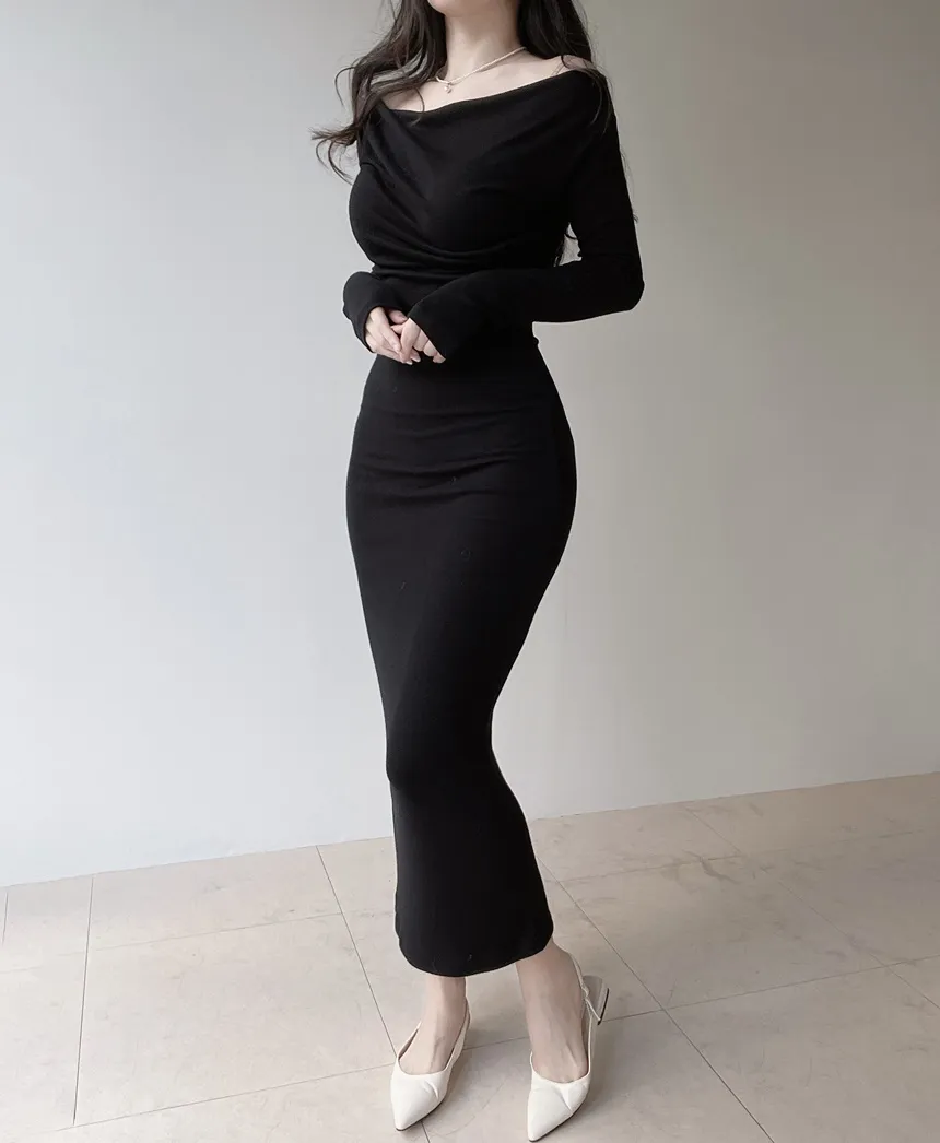 ドレープスリムロングオフショルダー無地ワンピース | mirangmirang | 詳細画像17