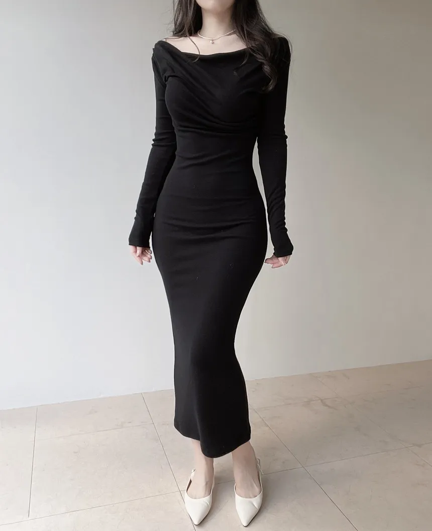 ドレープスリムロングオフショルダー無地ワンピース | mirangmirang | 詳細画像18