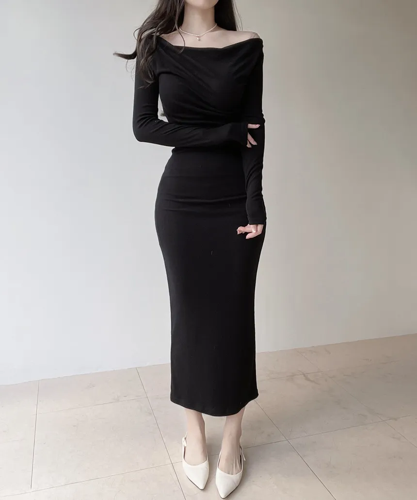 ドレープスリムロングオフショルダー無地ワンピース | mirangmirang | 詳細画像19