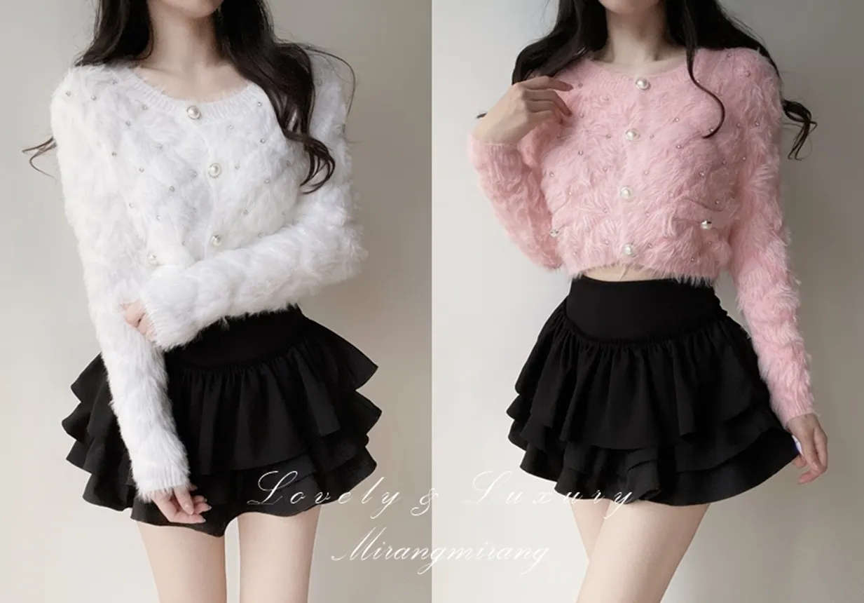 キルト風キュービックラウンドネックセミクロップドパール調ボタンカーディガン | mirangmirang | 詳細画像1