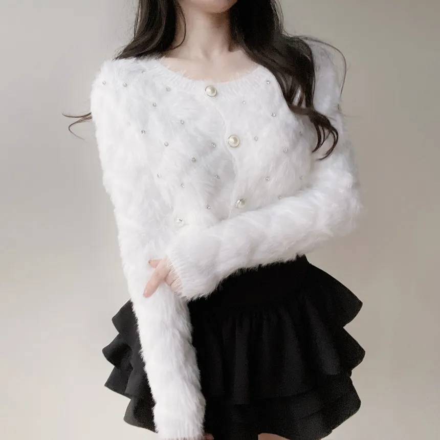 キルト風キュービックラウンドネックセミクロップドパール調ボタンカーディガン | mirangmirang | 詳細画像2