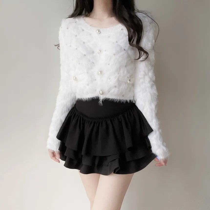 キルト風キュービックラウンドネックセミクロップドパール調ボタンカーディガン | mirangmirang | 詳細画像4