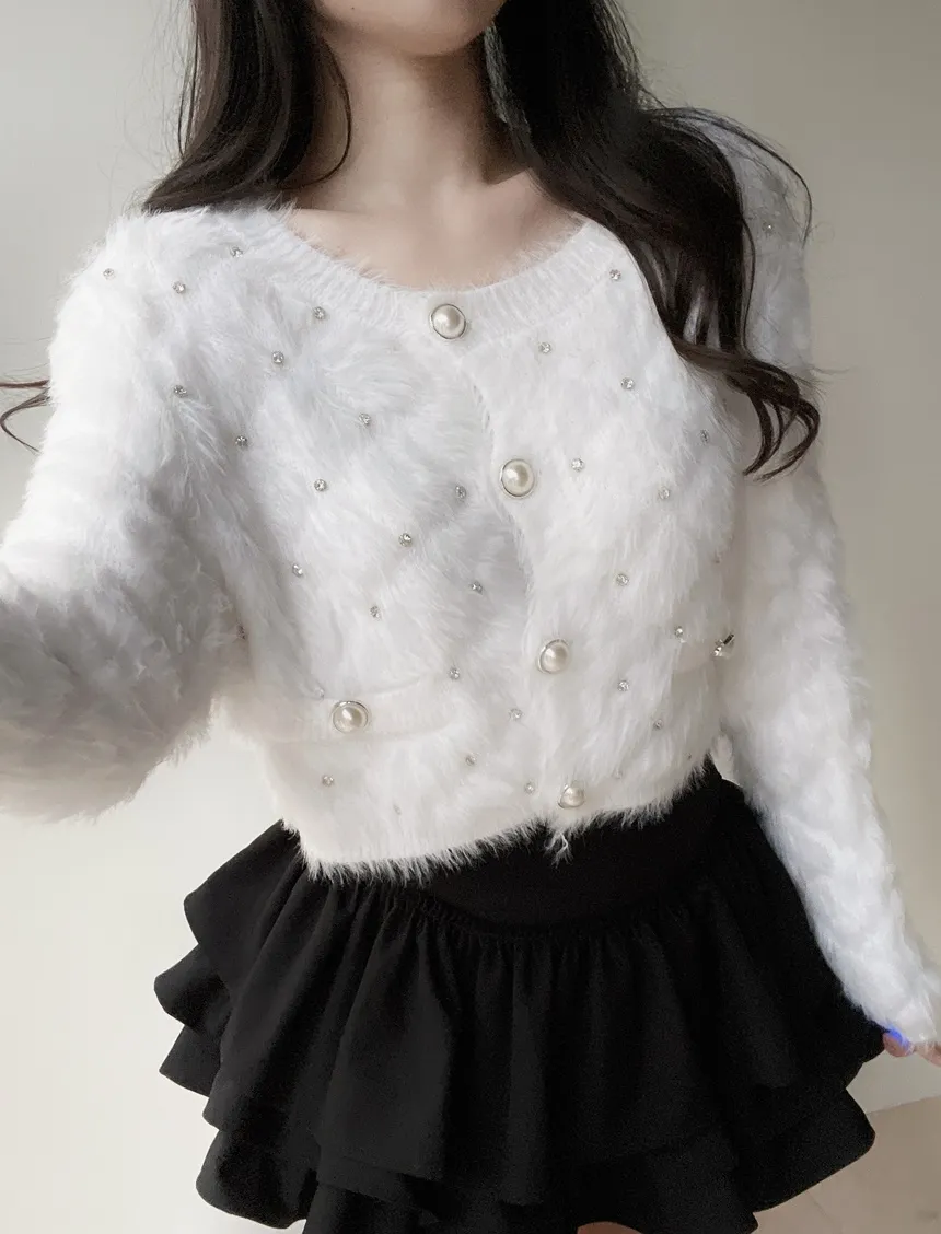 キルト風キュービックラウンドネックセミクロップドパール調ボタンカーディガン | mirangmirang | 詳細画像7