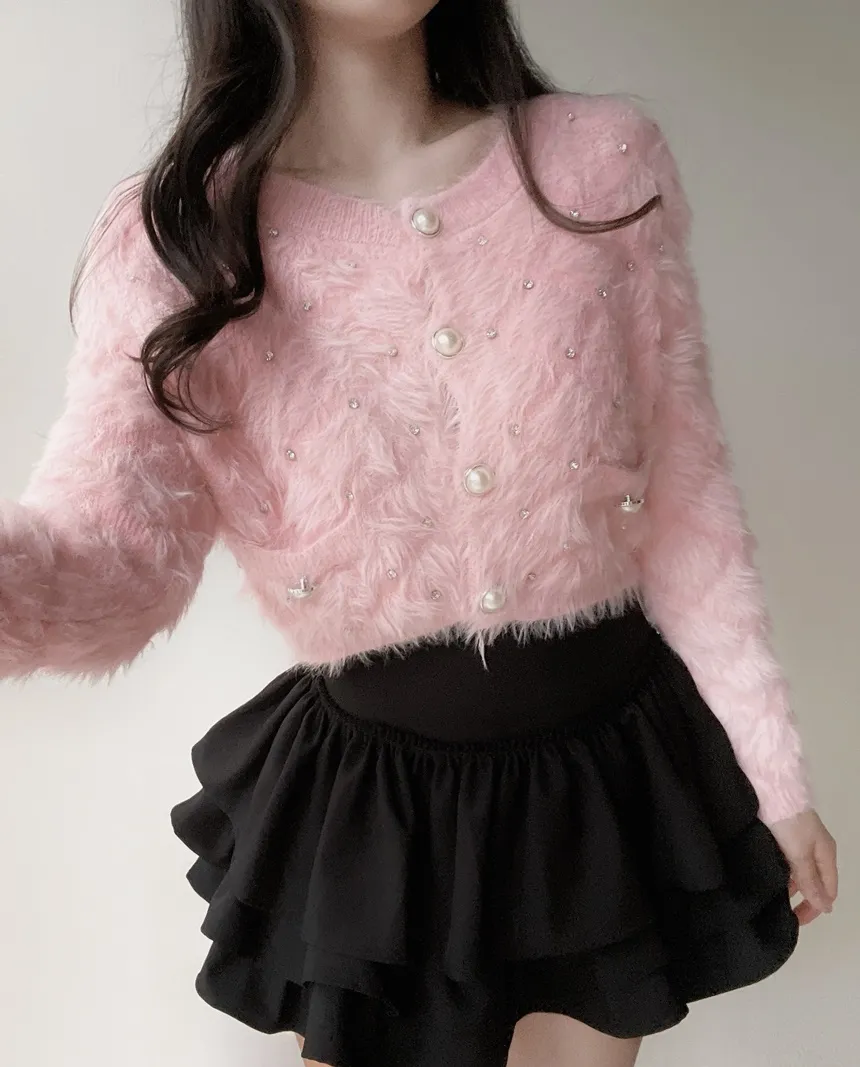 キルト風キュービックラウンドネックセミクロップドパール調ボタンカーディガン | mirangmirang | 詳細画像8