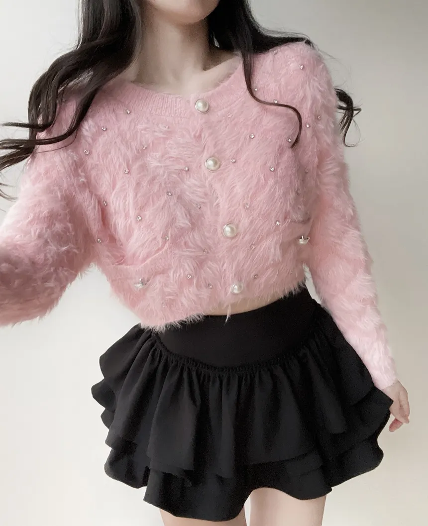 キルト風キュービックラウンドネックセミクロップドパール調ボタンカーディガン | mirangmirang | 詳細画像11