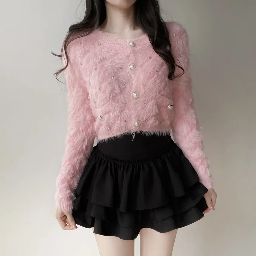 キルト風キュービックラウンドネックセミクロップドパール調ボタンカーディガン | mirangmirang | 詳細画像12