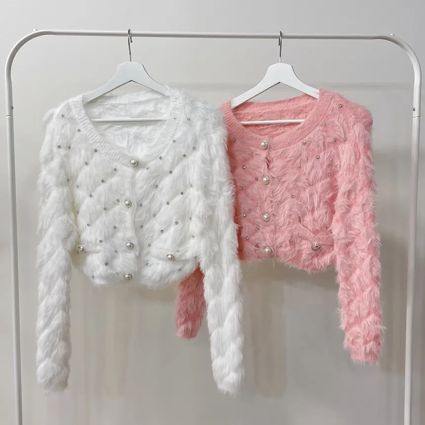 キルト風キュービックラウンドネックセミクロップドパール調ボタンカーディガン | mirangmirang | 詳細画像14