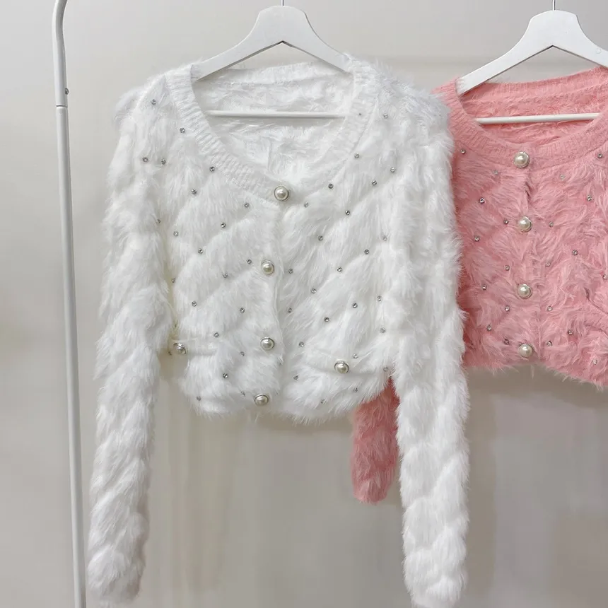 キルト風キュービックラウンドネックセミクロップドパール調ボタンカーディガン | mirangmirang | 詳細画像15