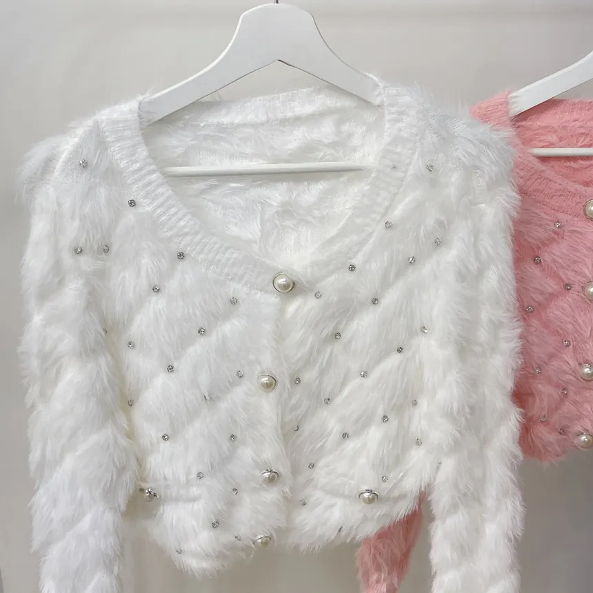 キルト風キュービックラウンドネックセミクロップドパール調ボタンカーディガン | mirangmirang | 詳細画像16