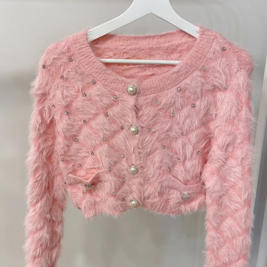 キルト風キュービックラウンドネックセミクロップドパール調ボタンカーディガン | mirangmirang | 詳細画像17