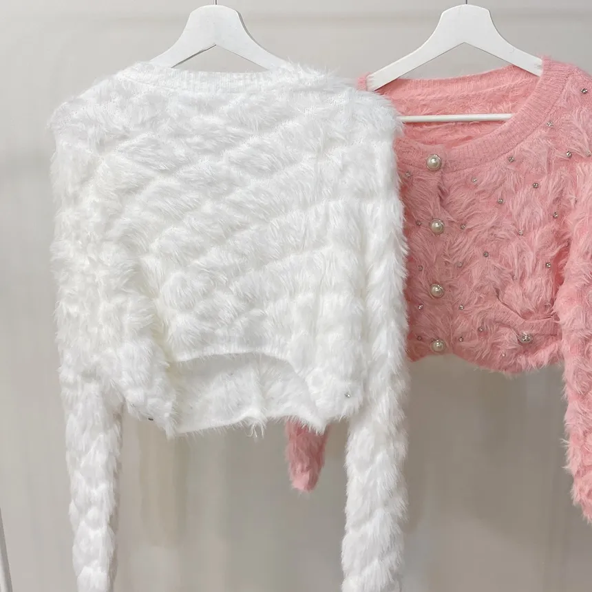 キルト風キュービックラウンドネックセミクロップドパール調ボタンカーディガン | mirangmirang | 詳細画像18