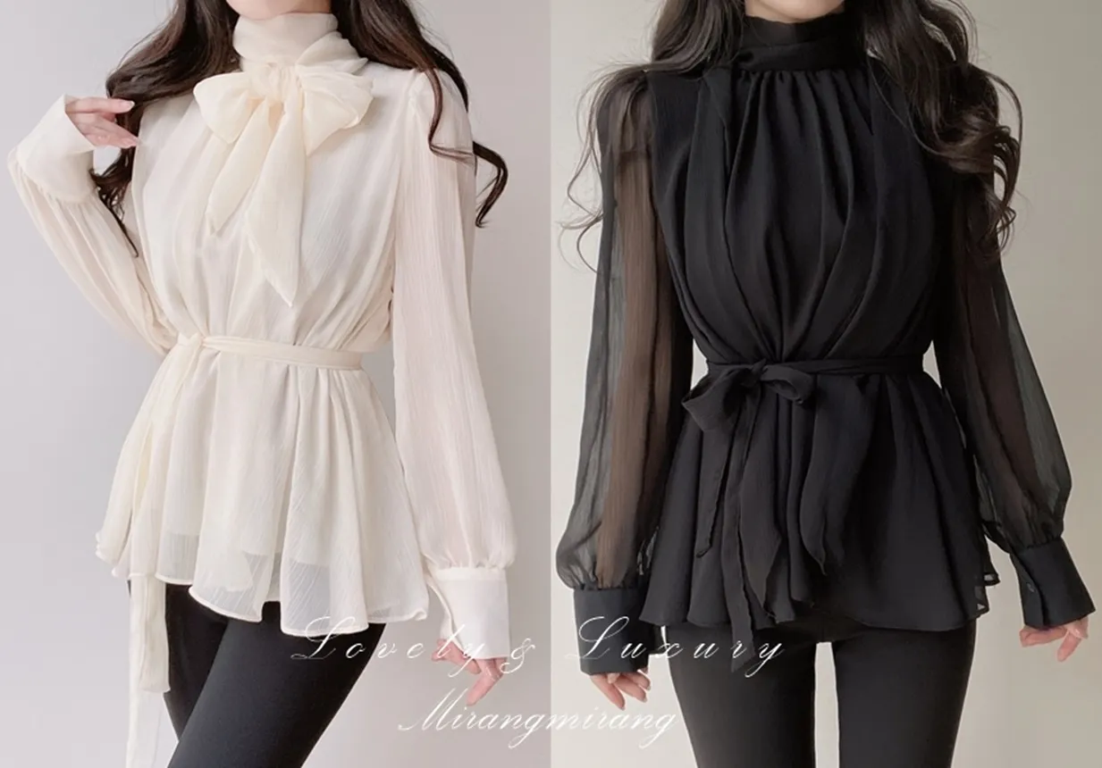 ストラップ付ハイネックスカーフネックシャーリングブラウス | mirangmirang | 詳細画像1