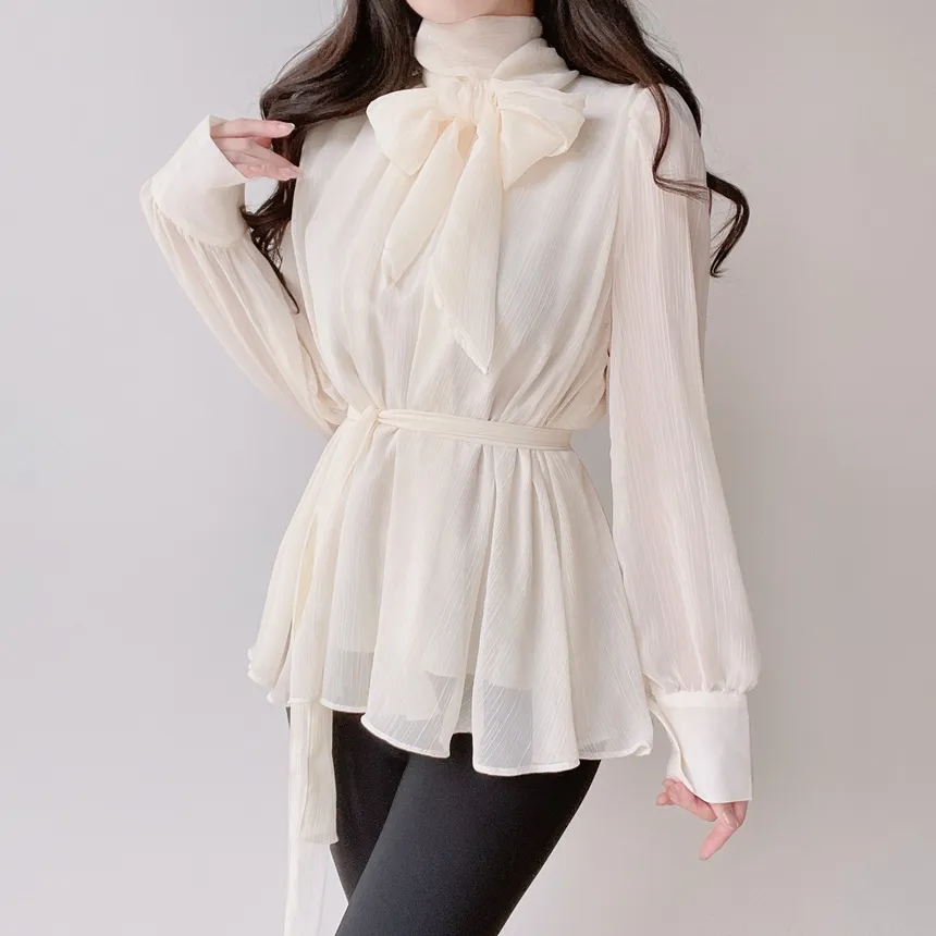 ストラップ付ハイネックスカーフネックシャーリングブラウス | mirangmirang | 詳細画像2