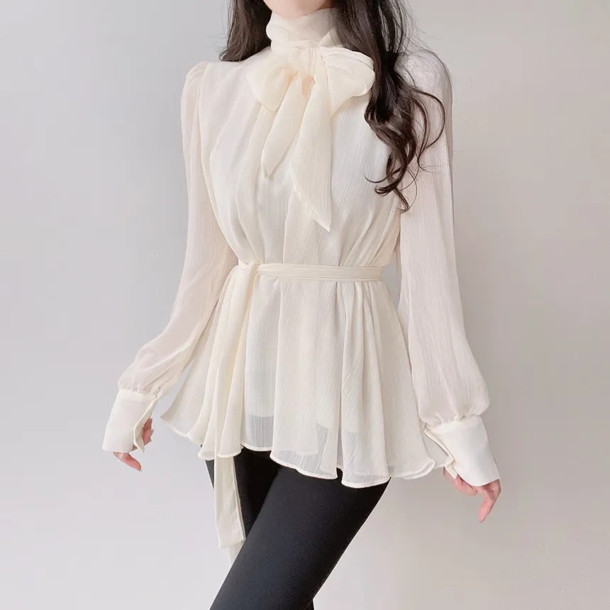 ストラップ付ハイネックスカーフネックシャーリングブラウス | mirangmirang | 詳細画像3