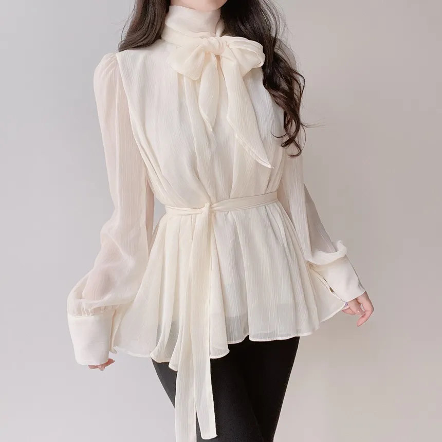 ストラップ付ハイネックスカーフネックシャーリングブラウス | mirangmirang | 詳細画像4