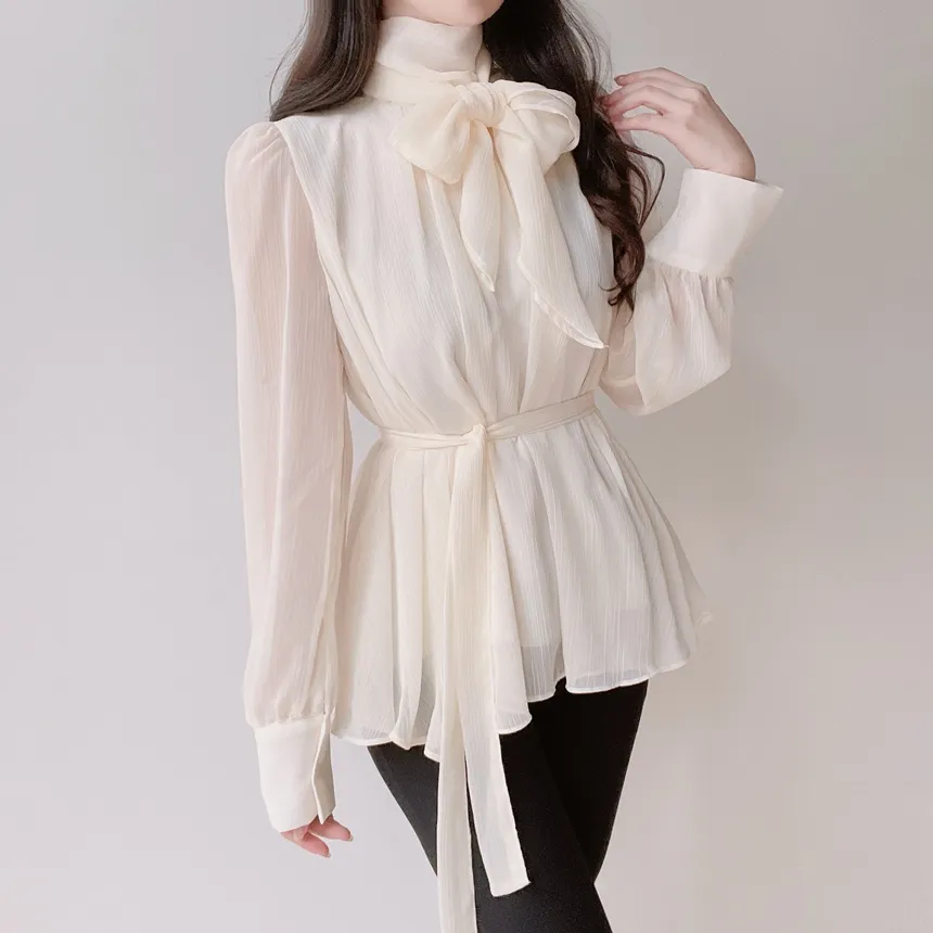 ストラップ付ハイネックスカーフネックシャーリングブラウス | mirangmirang | 詳細画像5