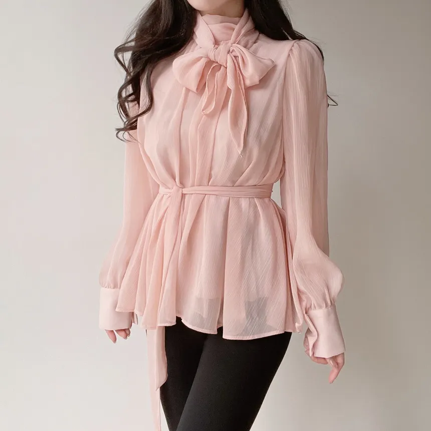 ストラップ付ハイネックスカーフネックシャーリングブラウス | mirangmirang | 詳細画像6