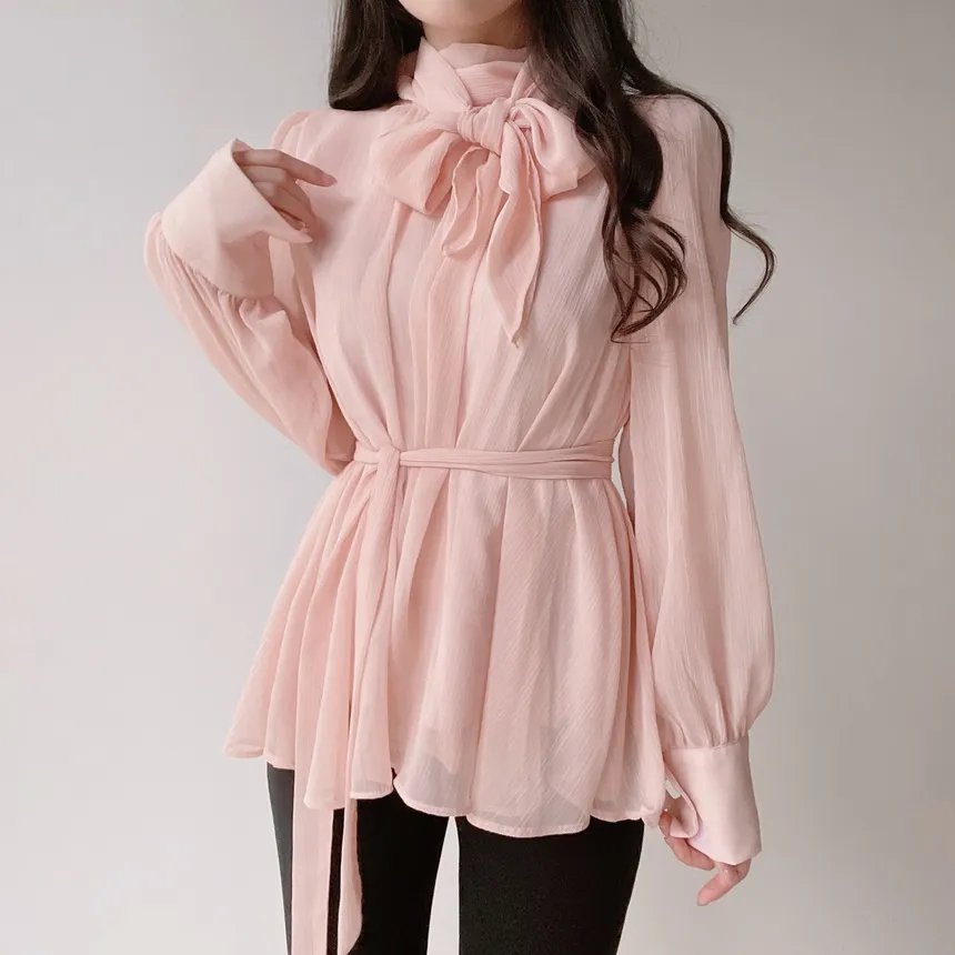 ストラップ付ハイネックスカーフネックシャーリングブラウス | mirangmirang | 詳細画像7